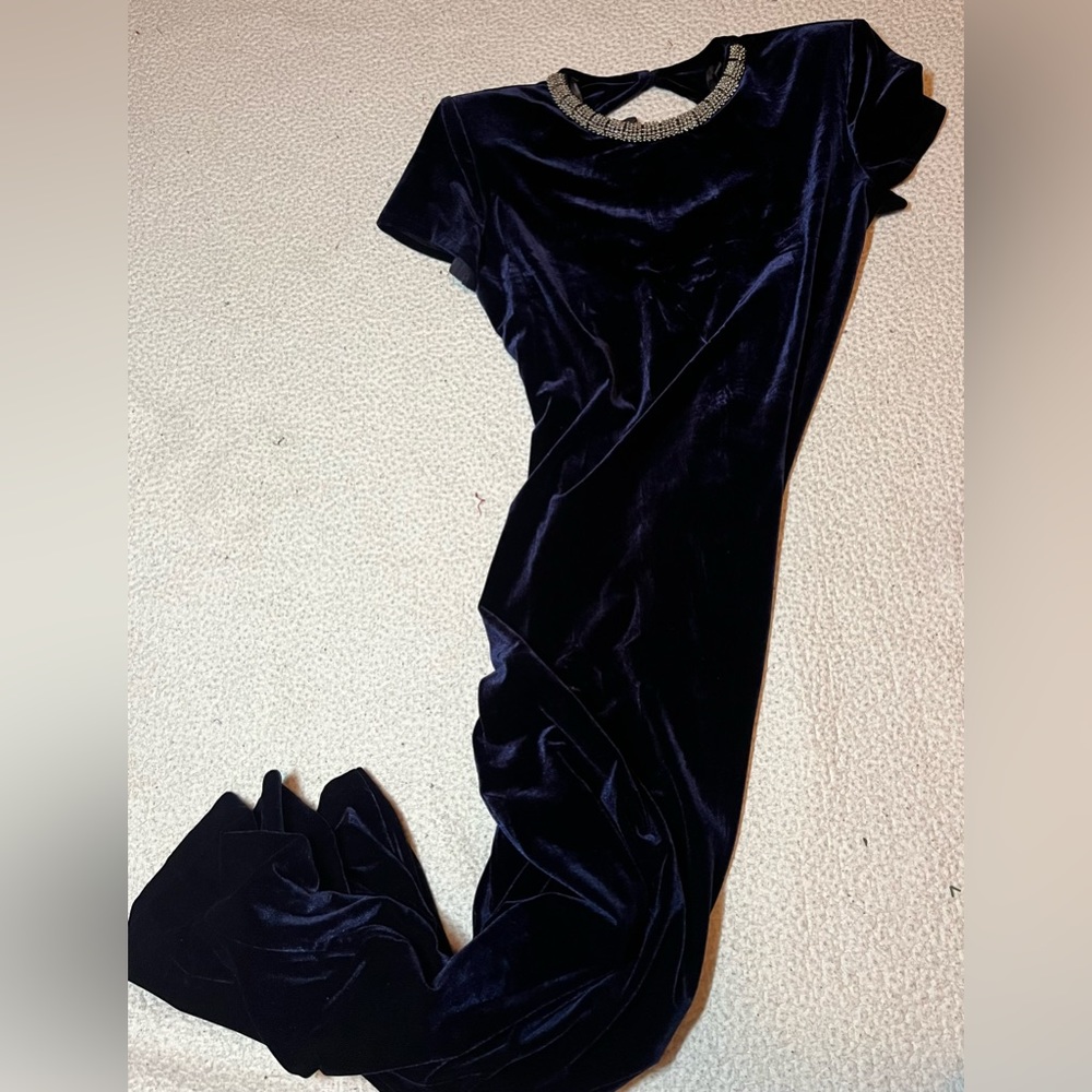 Vintage Velvet Dress Size 10 Detailed Beaded Neckline Maxi Formal Velvet Dress - Picture 4 of 5